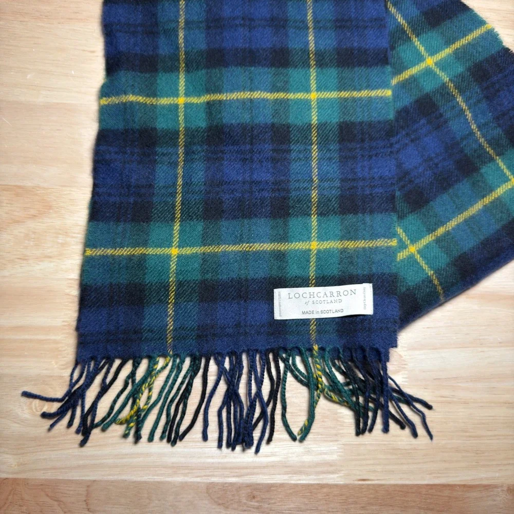 Lochcarron Scarf Mens OS Blue Tartan Plaid 100% Lambswool Made in Scotland